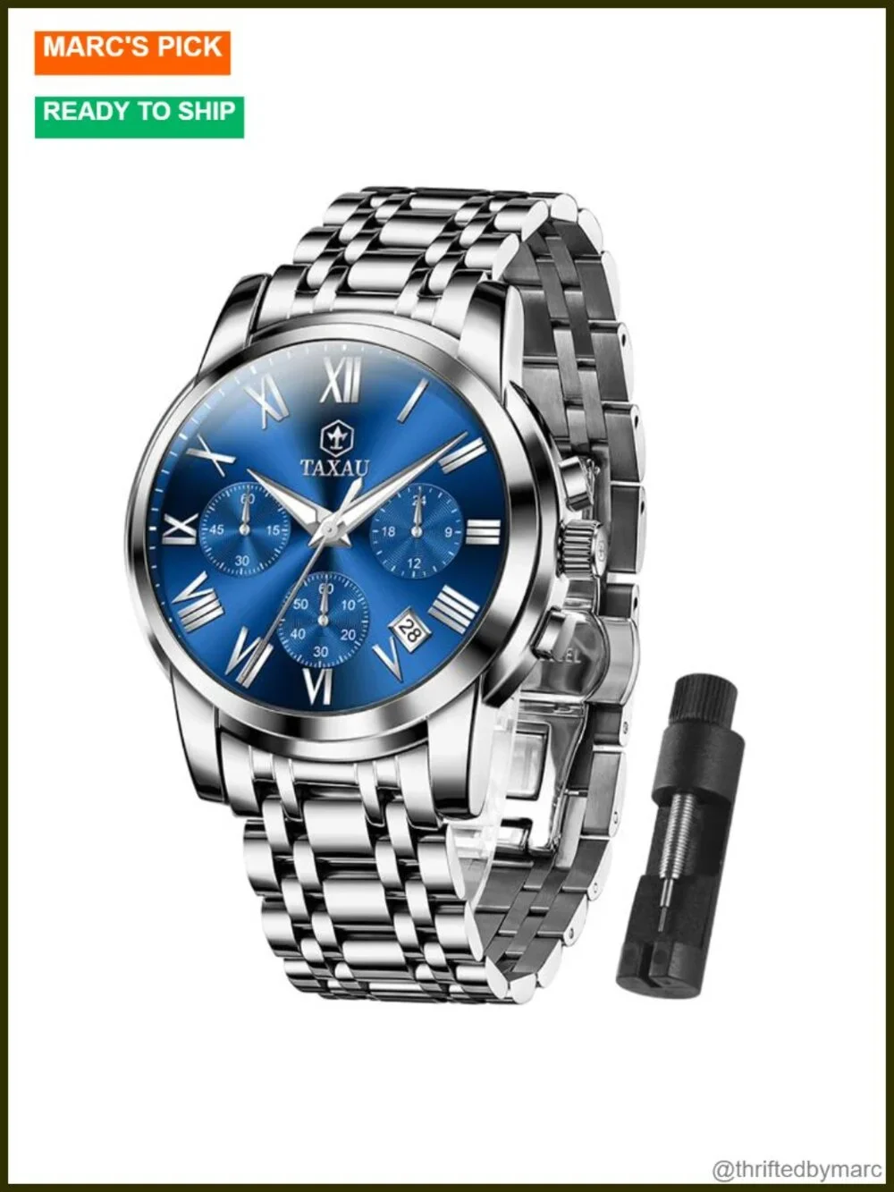 Stainless Steel Mens Watch Day Date Quartz Analog Large Face Luminous Dress